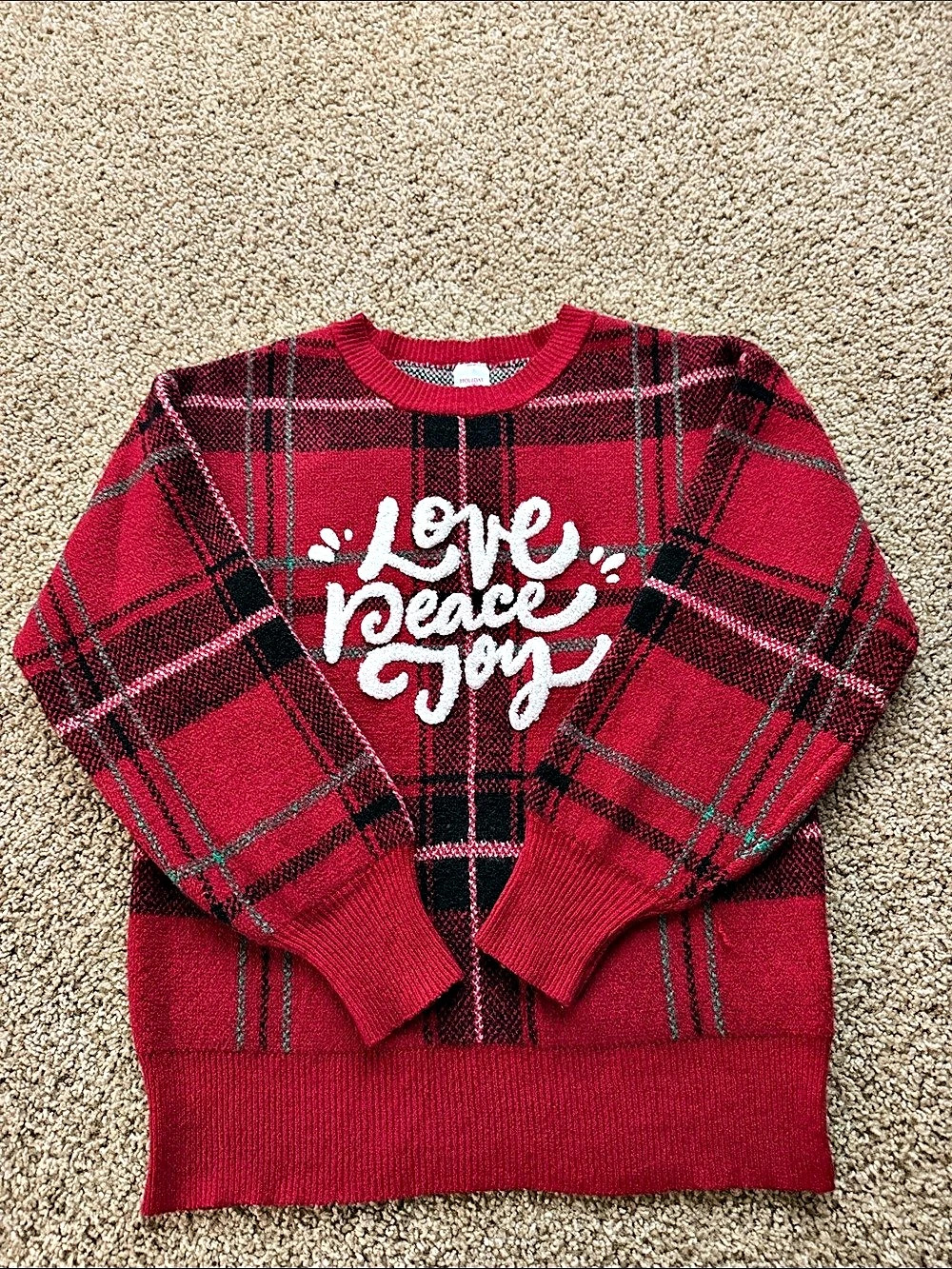 Holiday Time Red Plaid Love Peace Joy Sweater Girls Medium (8-10)